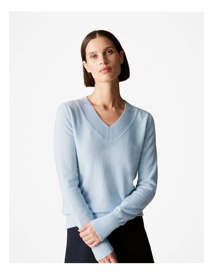 Cashmere Metallic Fleck V Neck Knit in Sky Blue image 1