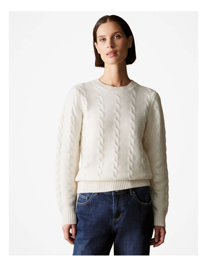 Wool Cable Knit Crew in Parchment image 1