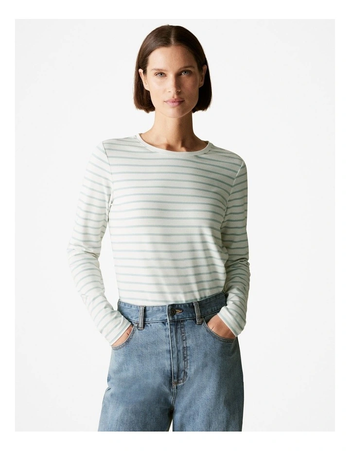 Organically Grown Cotton Striped Long Sleeved T-shirt in Pastel Green image 1