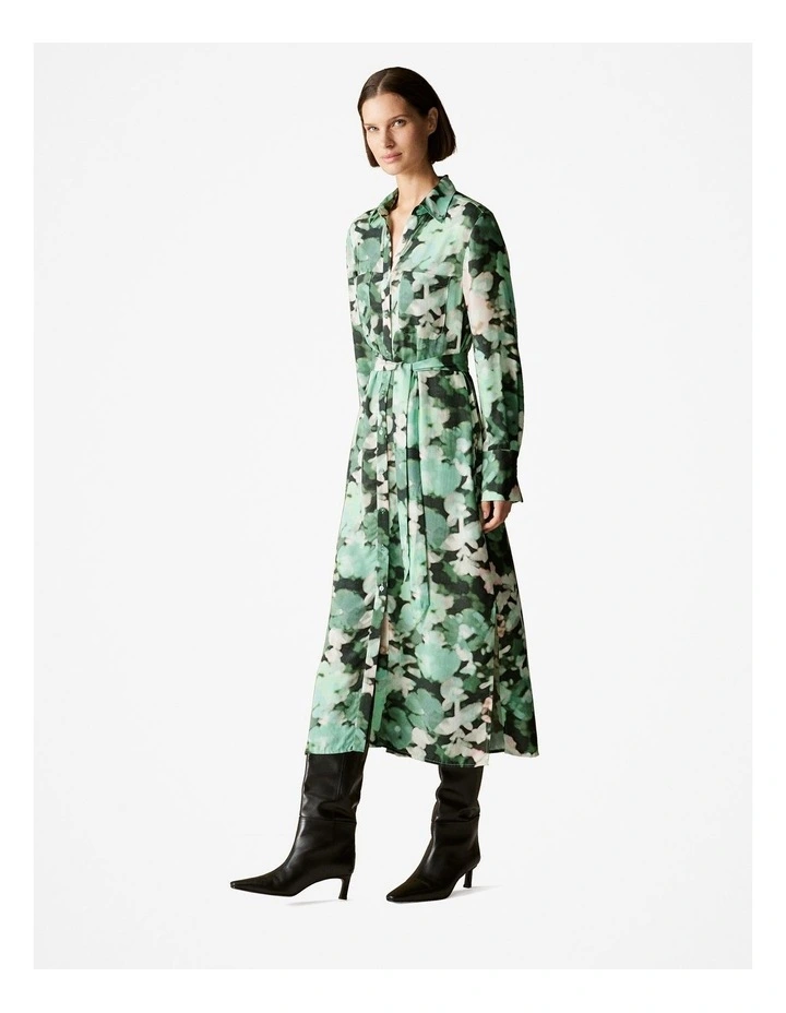 Modal Blurred Floral Shirt Dress in Dark Green image 1