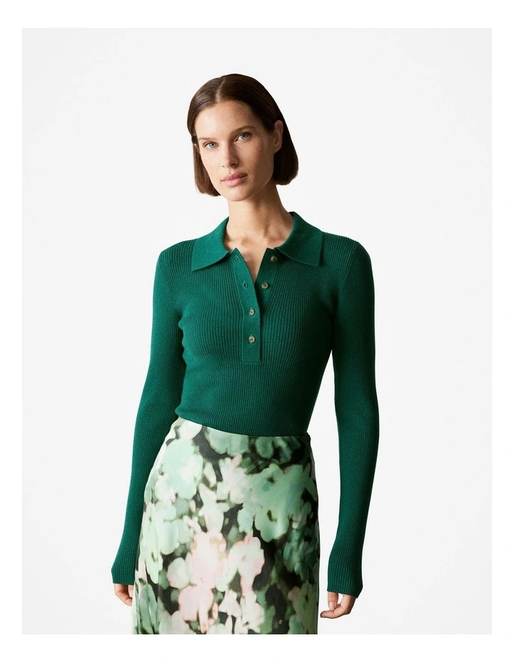 Wool Cotton Blend Rib Polo in Dark Green image 1