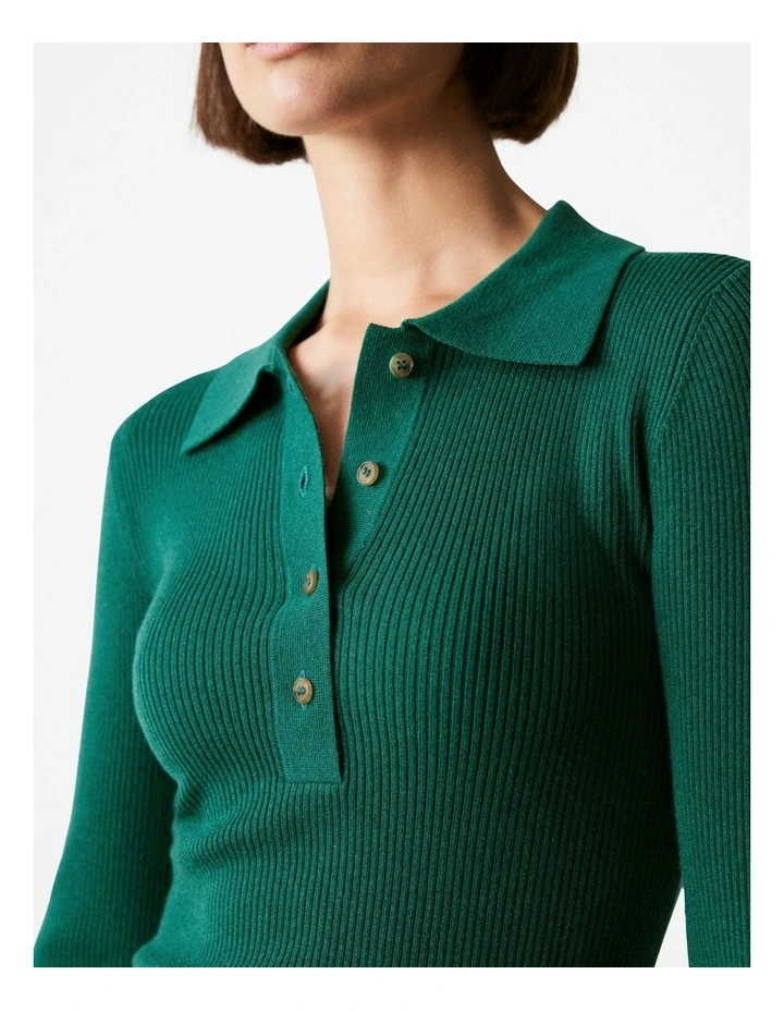 Wool Cotton Blend Rib Polo in Dark Green image 3