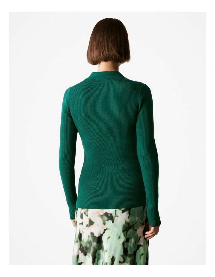 Wool Cotton Blend Rib Polo in Dark Green image 4