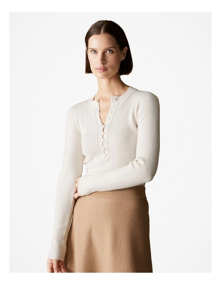 Wool Cotton Blend Rib Button Front Knit in Parchment image 1