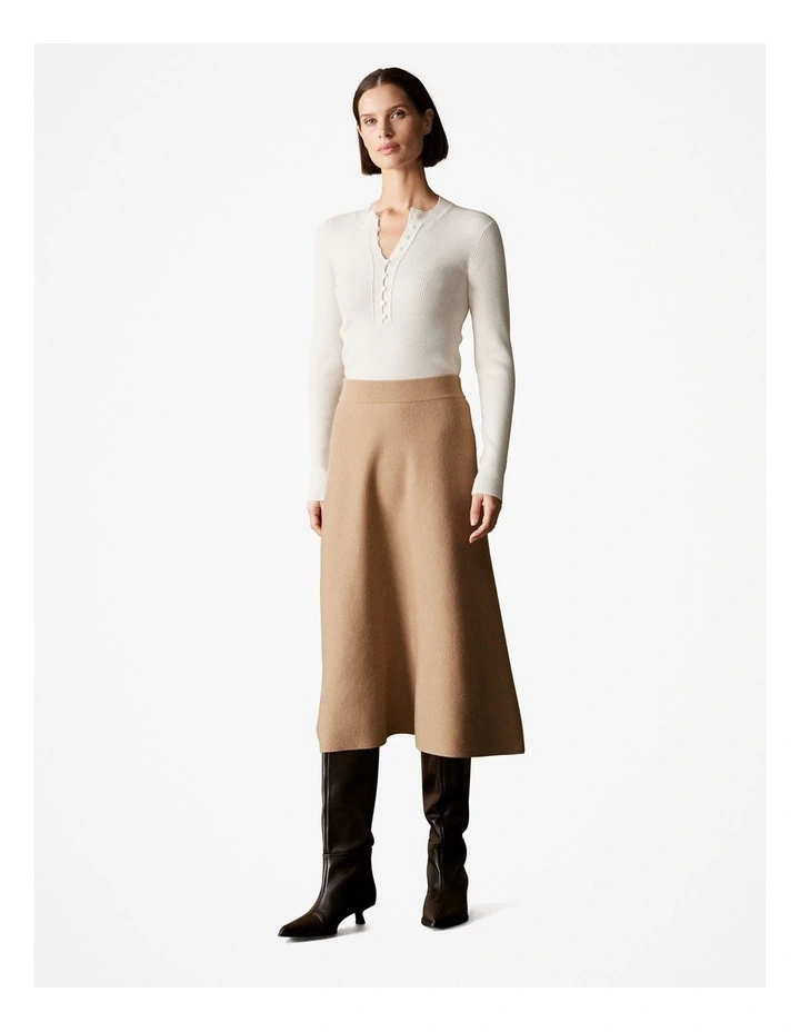 Wool Cotton Blend Rib Button Front Knit in Parchment image 2