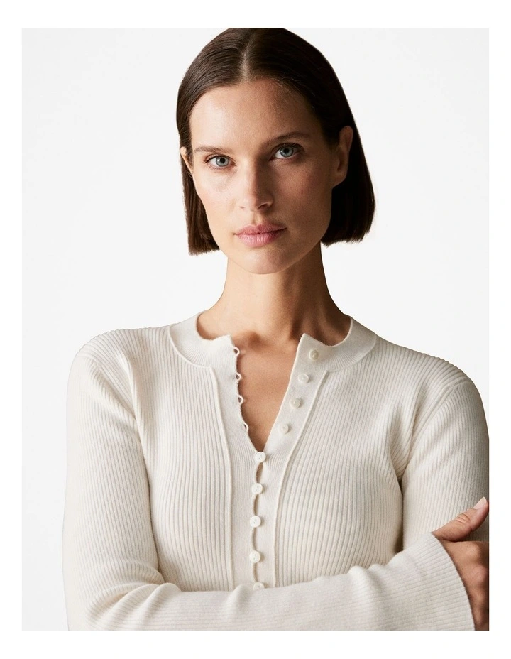 Wool Cotton Blend Rib Button Front Knit in Parchment image 3