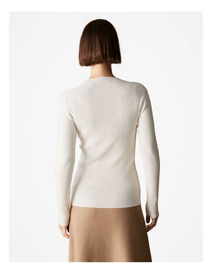 Wool Cotton Blend Rib Button Front Knit in Parchment image 4