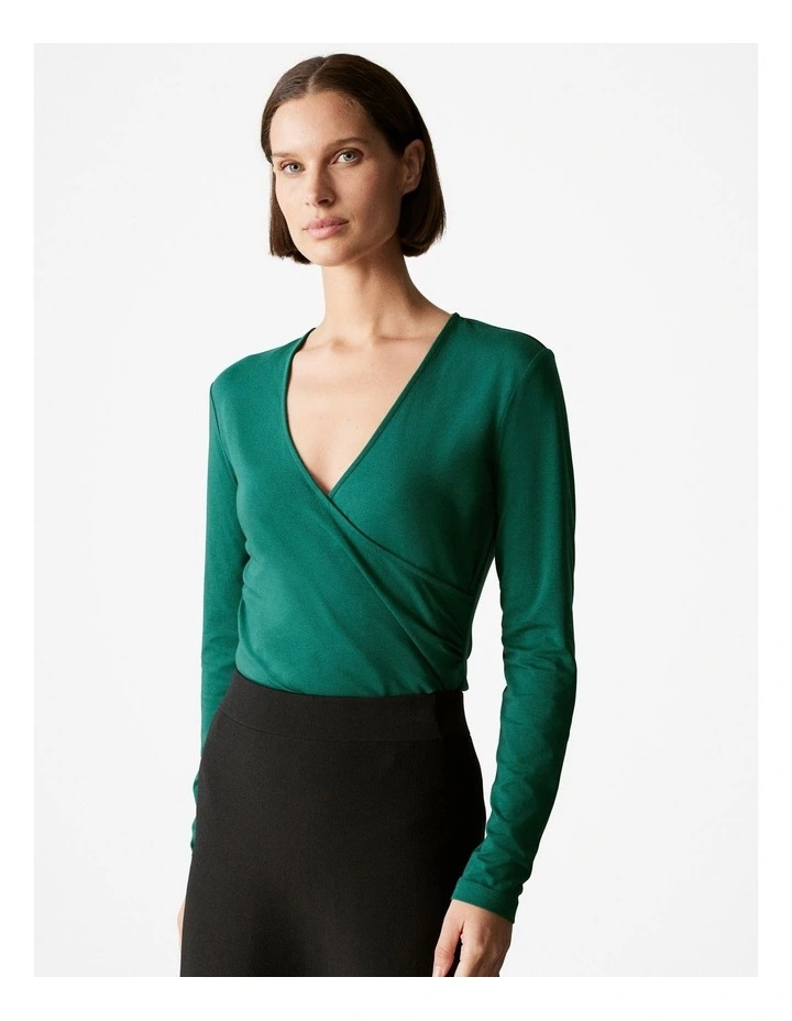Cotton Modal Long Sleeved Wrap T-shirt in Dark Green image 1