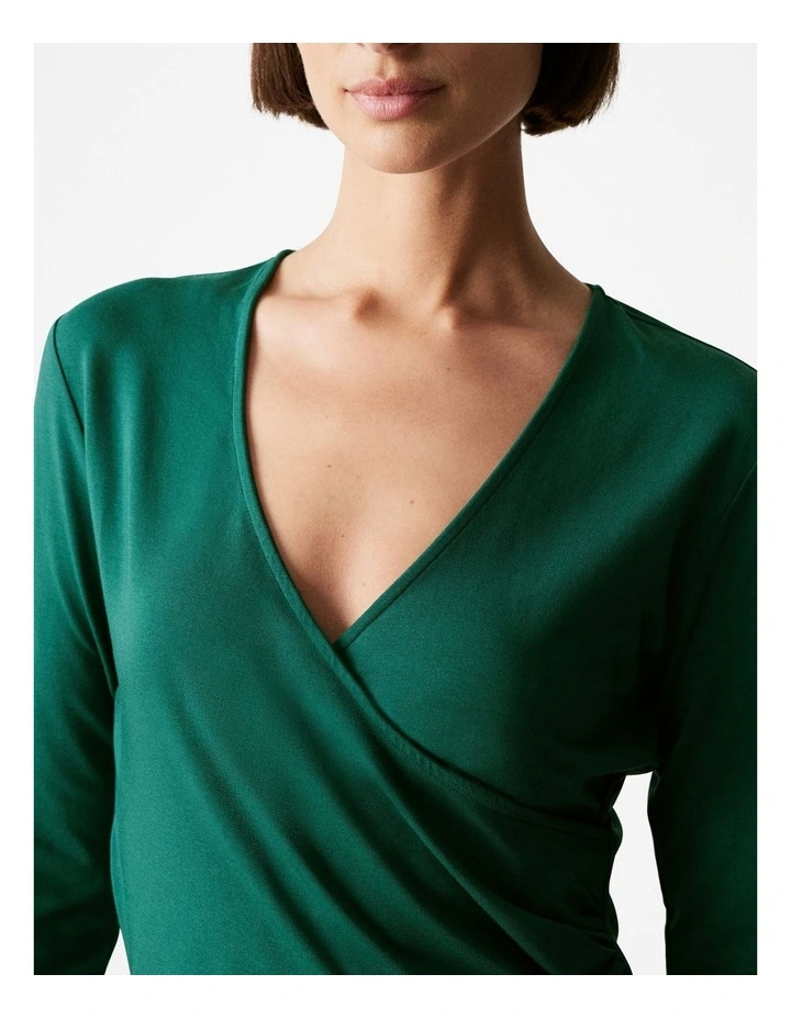 Cotton Modal Long Sleeved Wrap T-shirt in Dark Green image 3