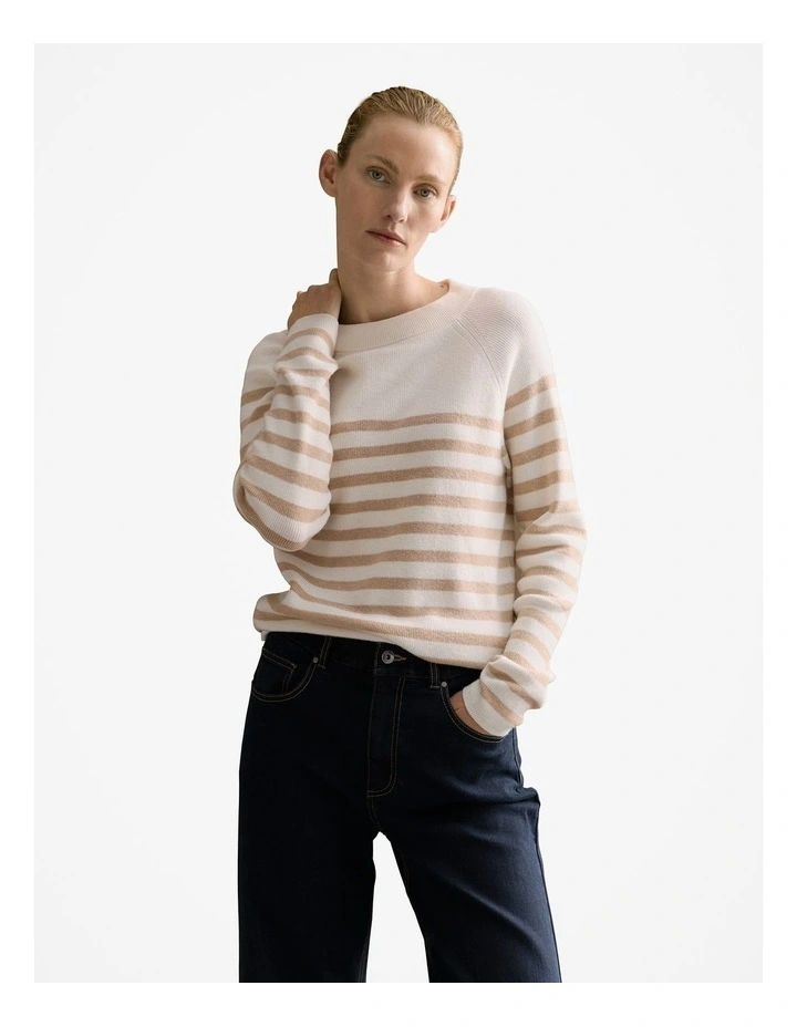 Cotton Cashmere Blend Striped Knit Crew in Sesame image 1