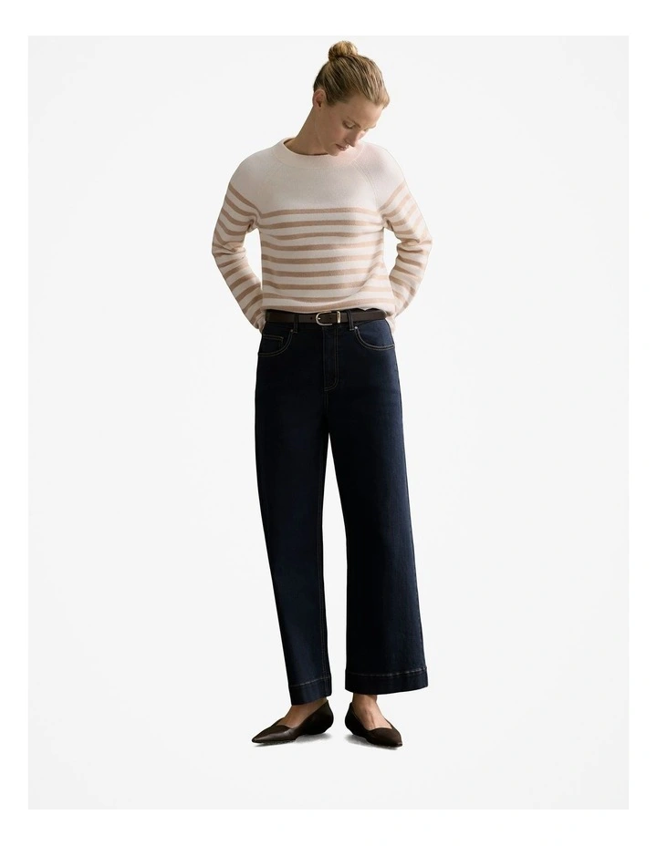 Cotton Cashmere Blend Striped Knit Crew in Sesame image 2