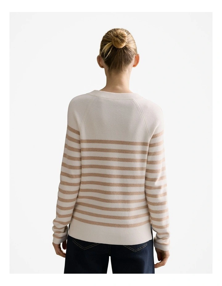 Cotton Cashmere Blend Striped Knit Crew in Sesame image 4