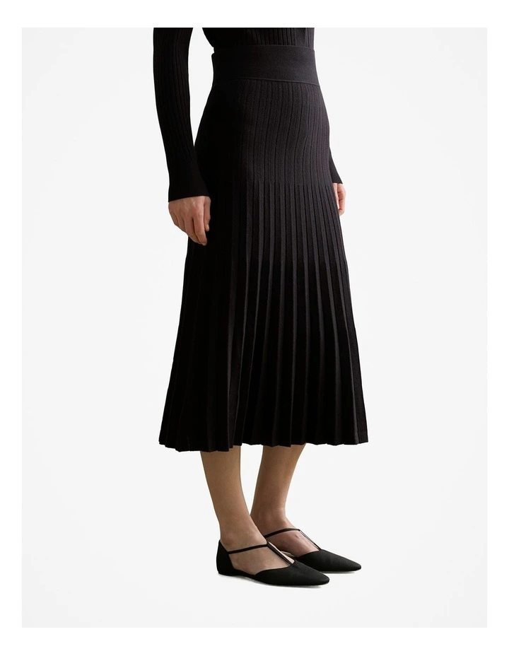 Cotton Cashmere Knit Pleated Midi Skirt in Black image 1