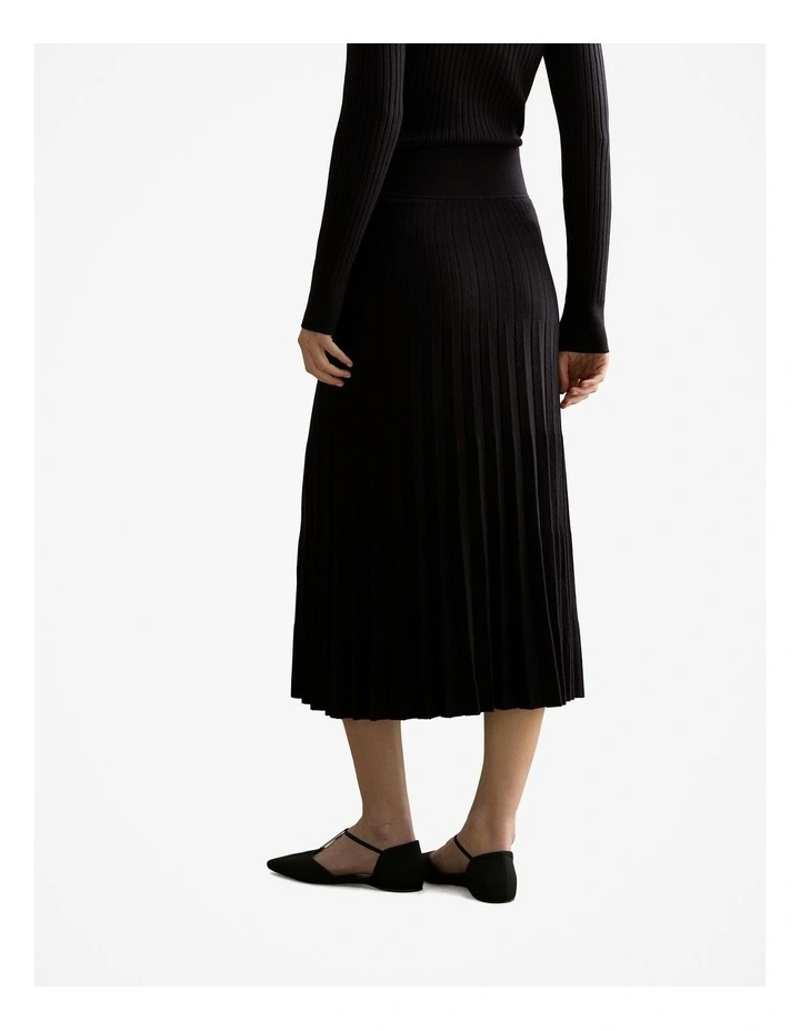 Cotton Cashmere Knit Pleated Midi Skirt in Black image 4