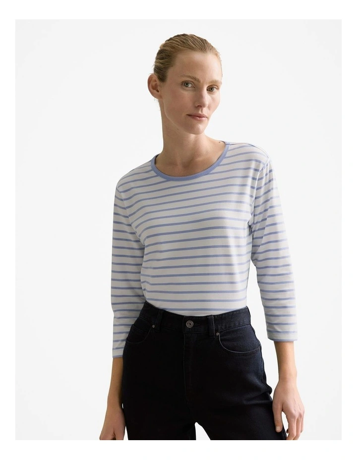 Organically Grown Cotton Striped 3/4 Sleeved T-shirt in Cornflower Blue image 1