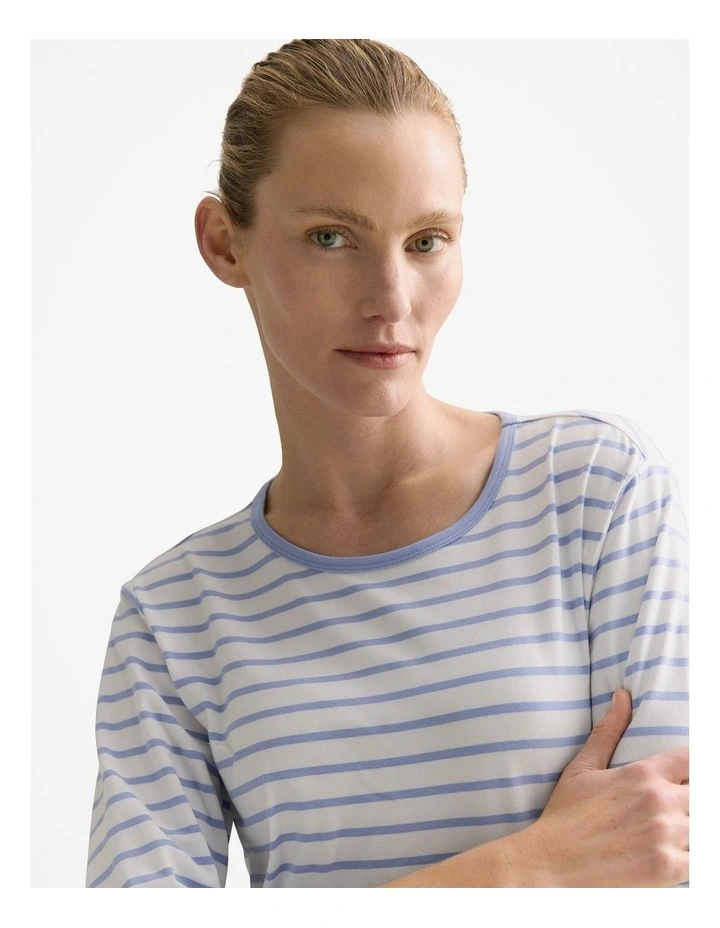 Organically Grown Cotton Striped 3/4 Sleeved T-shirt in Cornflower Blue image 3