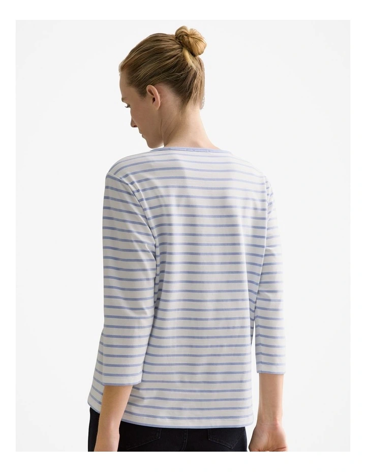 Organically Grown Cotton Striped 3/4 Sleeved T-shirt in Cornflower Blue image 4