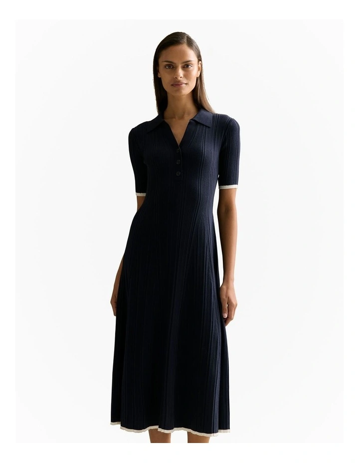 Cotton Cashmere Blend Knit Short Sleeved Polo Dress in Night Sky image 1