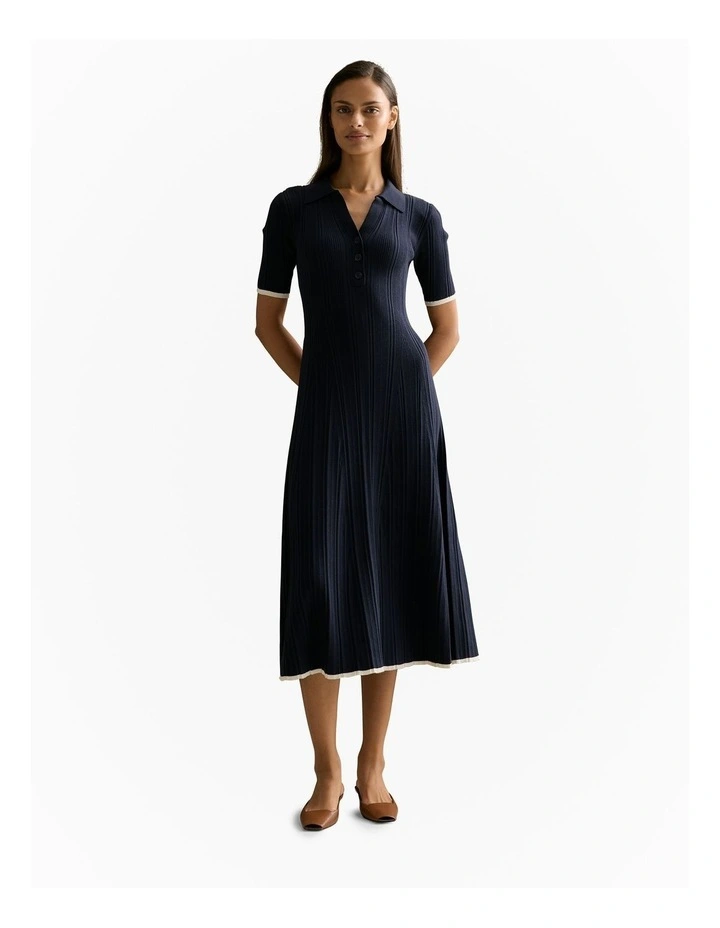 Cotton Cashmere Blend Knit Short Sleeved Polo Dress in Night Sky image 2