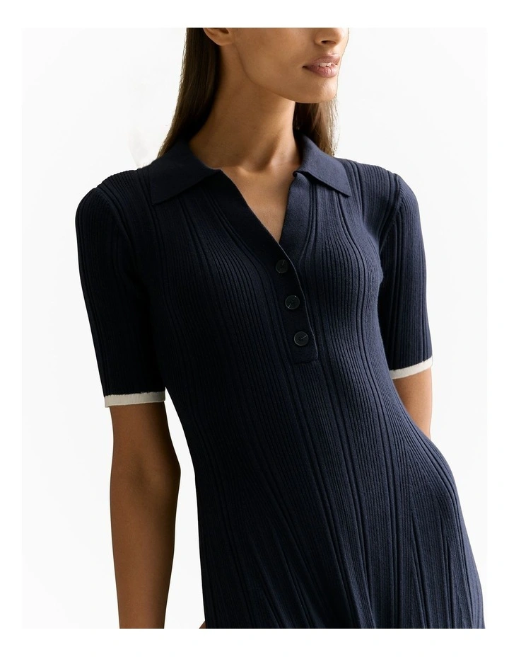 Cotton Cashmere Blend Knit Short Sleeved Polo Dress in Night Sky image 3