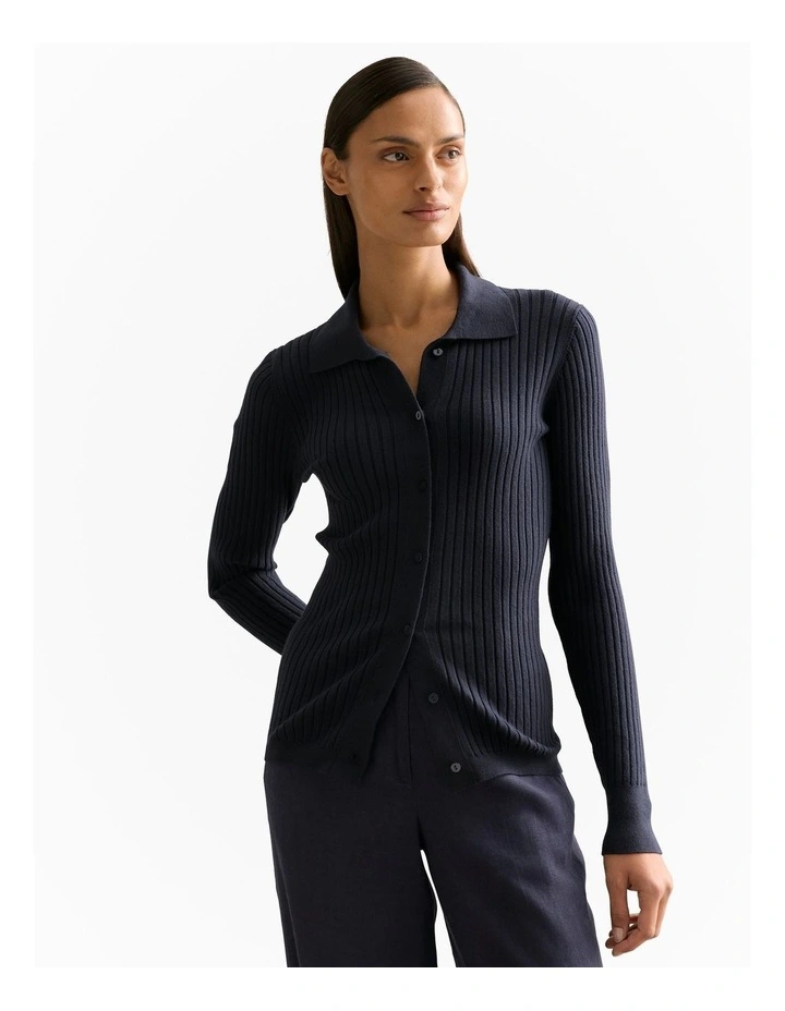 Cotton Cashmere Blend Long Sleeved Knit Shirt in Night Sky image 1