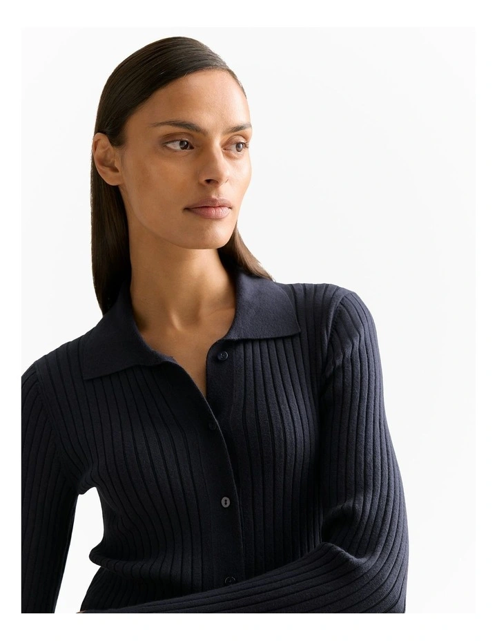 Cotton Cashmere Blend Long Sleeved Knit Shirt in Night Sky image 3