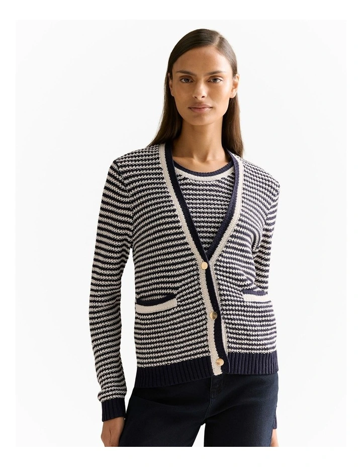 Mercerised Cotton Knit Stitch Detail Cardigan in Night Sky image 6