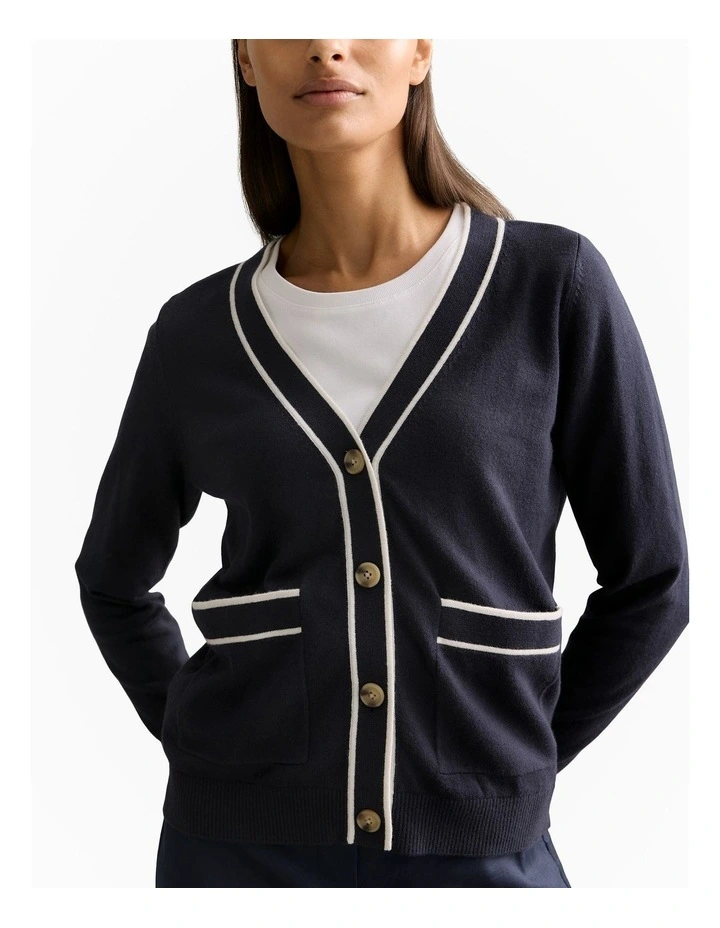 Organically Grown Cotton Cashmere Pocket Detail Cardigan in Navy image 3