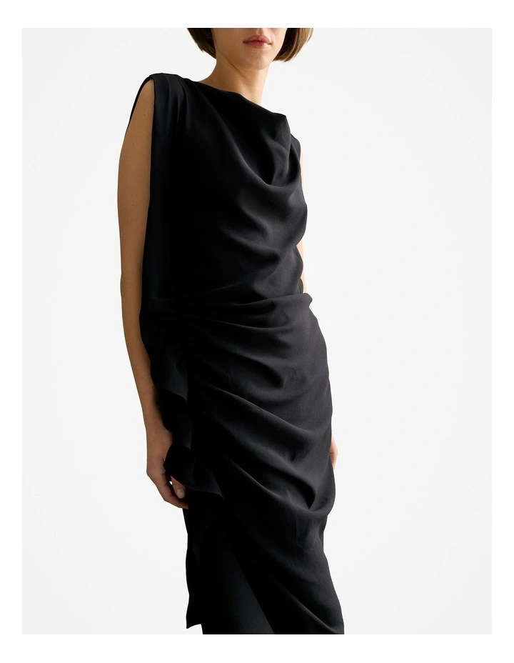Draped Sleeveless Midi Dress in Black image 3