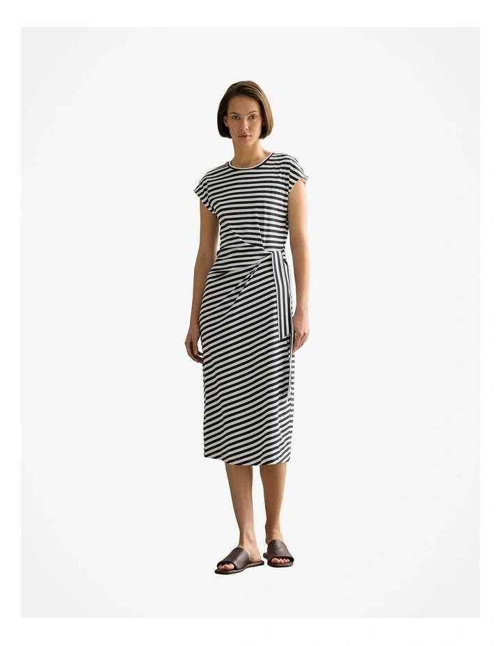 Cotton Stripe Gathered Tie Waist Dress in Night Sky image 1