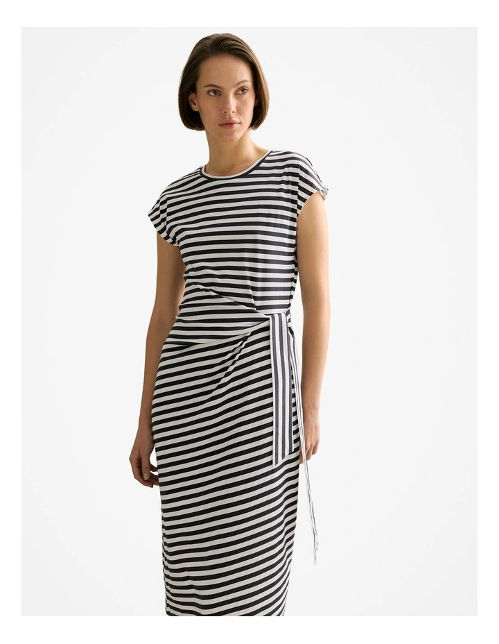 Cotton Stripe Gathered Tie Waist Dress in Night Sky image 2