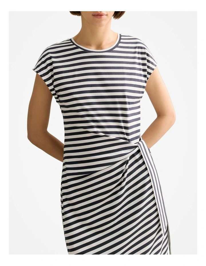 Cotton Stripe Gathered Tie Waist Dress in Night Sky image 3
