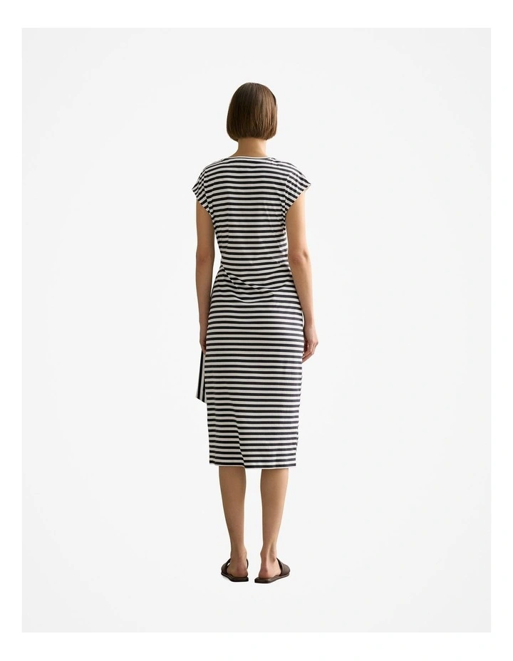 Cotton Stripe Gathered Tie Waist Dress in Night Sky image 4