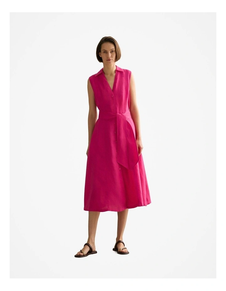 Linen Panel Detail Sleeveless Shirt Dress in Fuchsia image 1