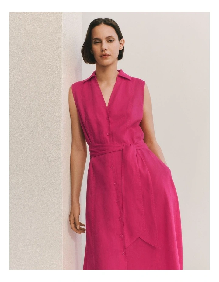 Linen Panel Detail Sleeveless Shirt Dress in Fuchsia image 2