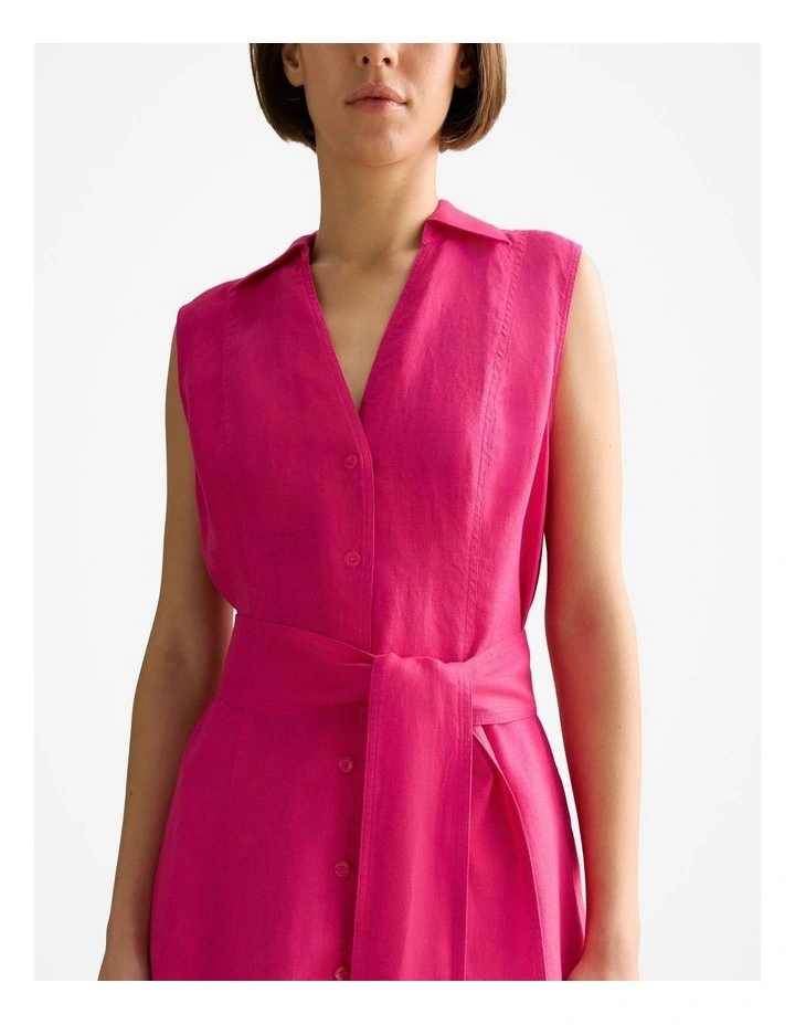 Linen Panel Detail Sleeveless Shirt Dress in Fuchsia image 3