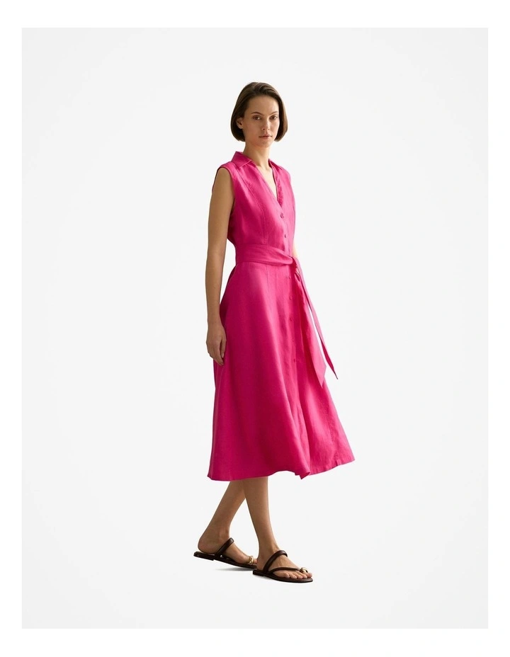 Linen Panel Detail Sleeveless Shirt Dress in Fuchsia image 5