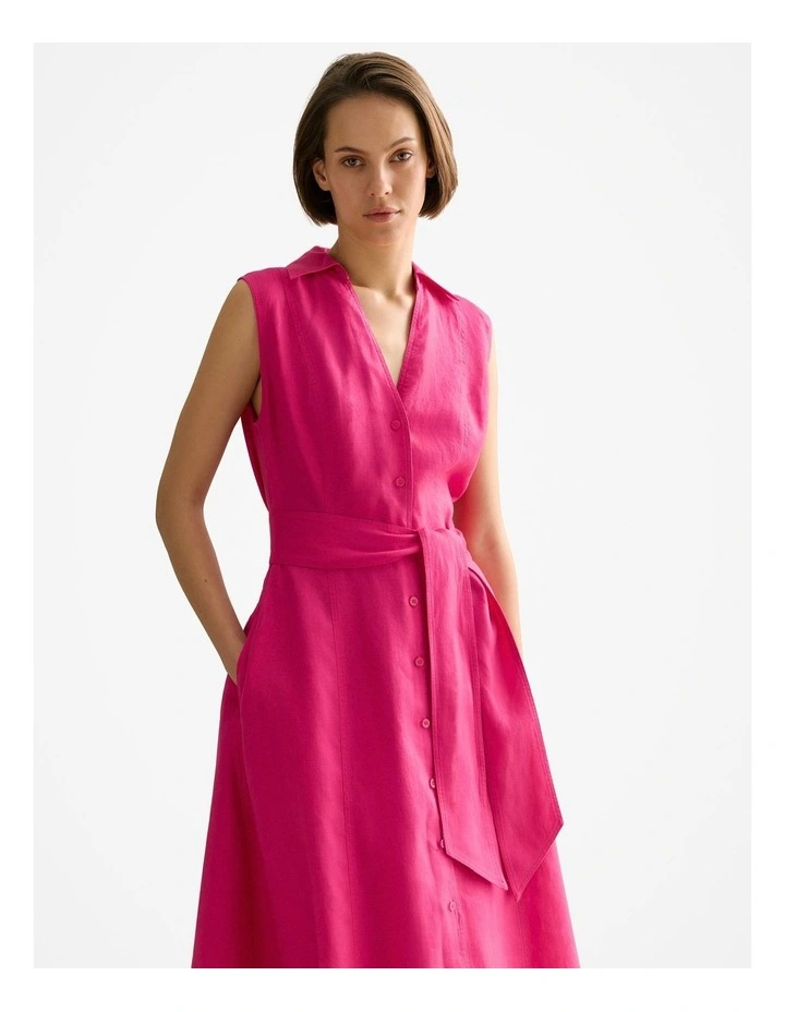Linen Panel Detail Sleeveless Shirt Dress in Fuchsia image 6