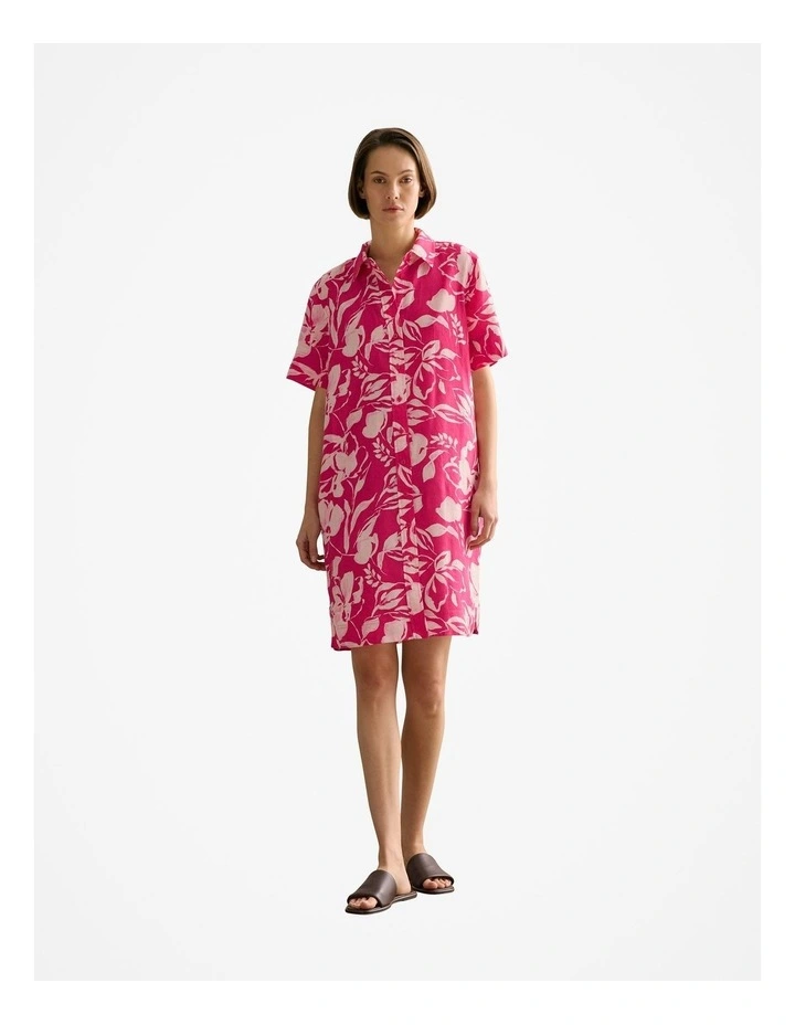 Linen Floral Button Through Short Sleeve Shift Dress in Fuchsia image 1