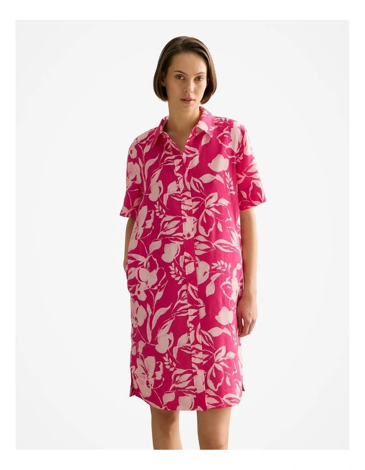 Linen Floral Button Through Short Sleeve Shift Dress in Fuchsia image 2