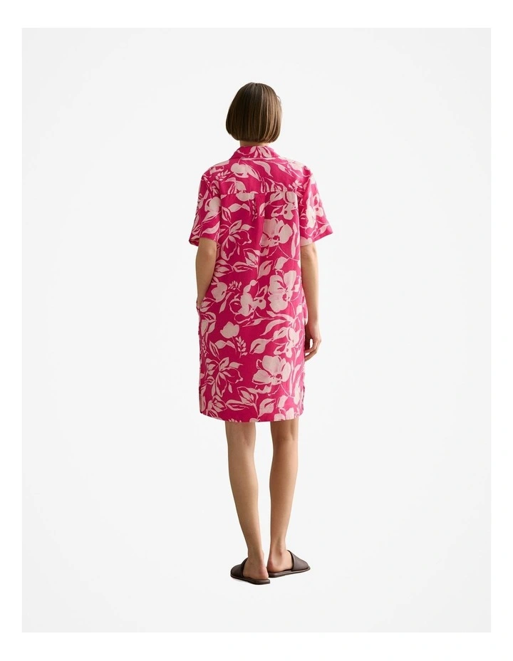 Linen Floral Button Through Short Sleeve Shift Dress in Fuchsia image 4