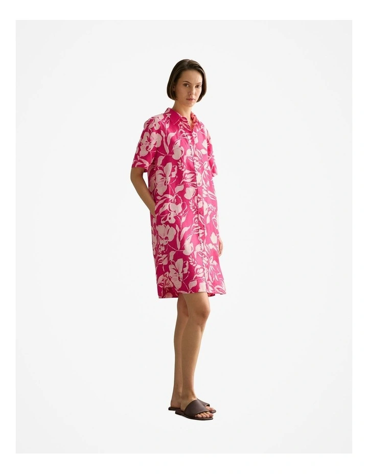Linen Floral Button Through Short Sleeve Shift Dress in Fuchsia image 5