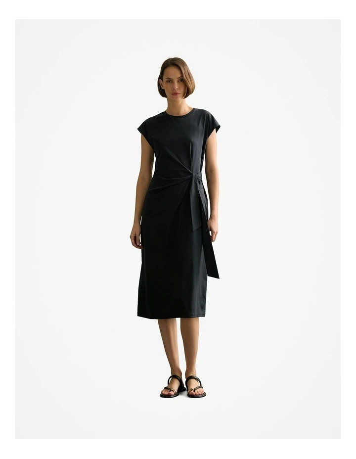 Cotton Gathered Tie Waist Dress in Black image 1