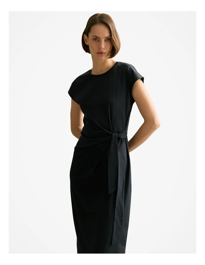 Cotton Gathered Tie Waist Dress in Black image 2