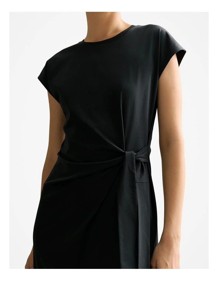Cotton Gathered Tie Waist Dress in Black image 3
