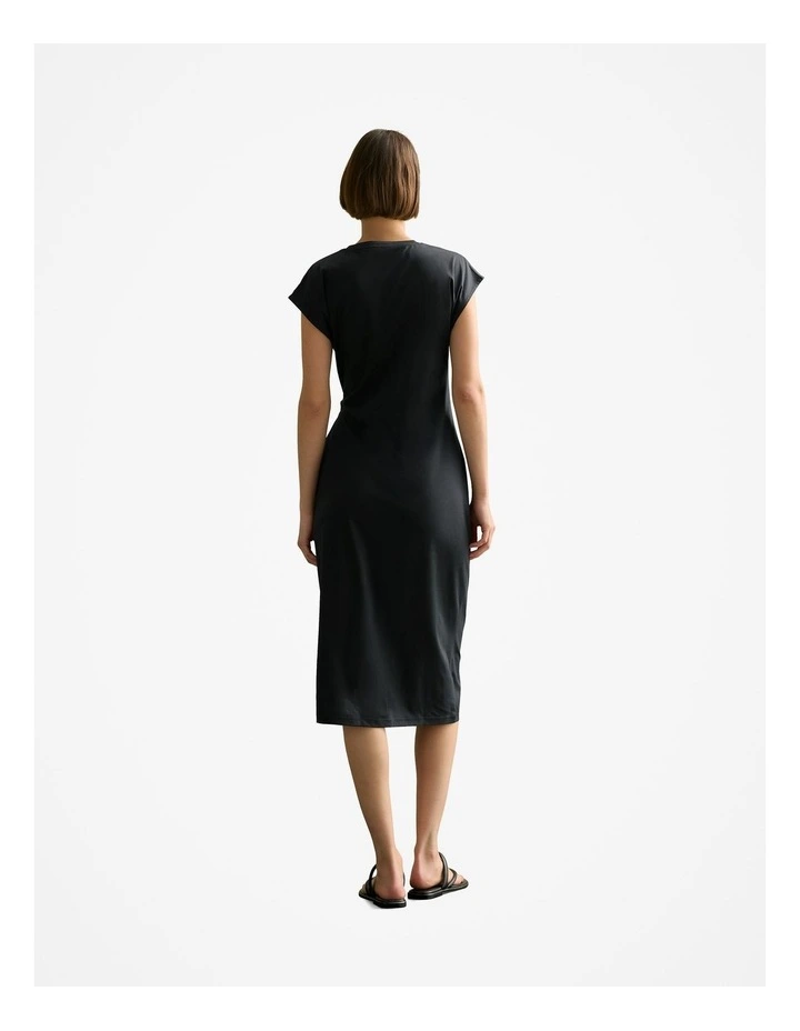 Cotton Gathered Tie Waist Dress in Black image 4