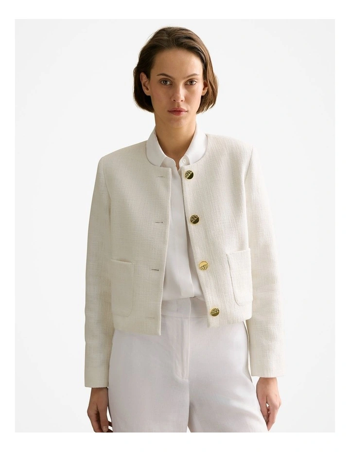 Tweed Collarless Cropped Jacket in White image 1