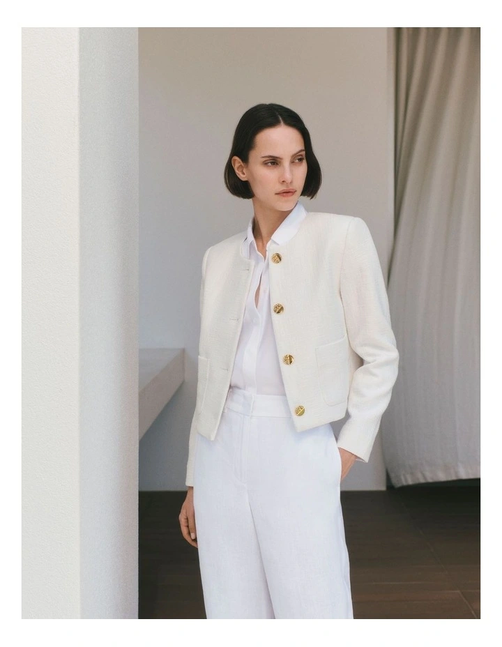 Tweed Collarless Cropped Jacket in White image 2