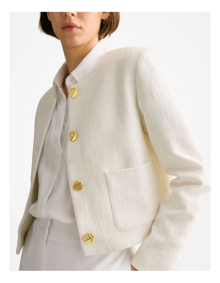 Tweed Collarless Cropped Jacket in White image 3