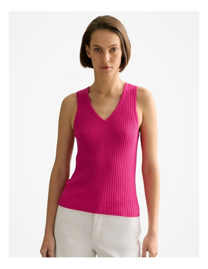 Mercerised Rib V Neck Tank in Fuchsia image 1